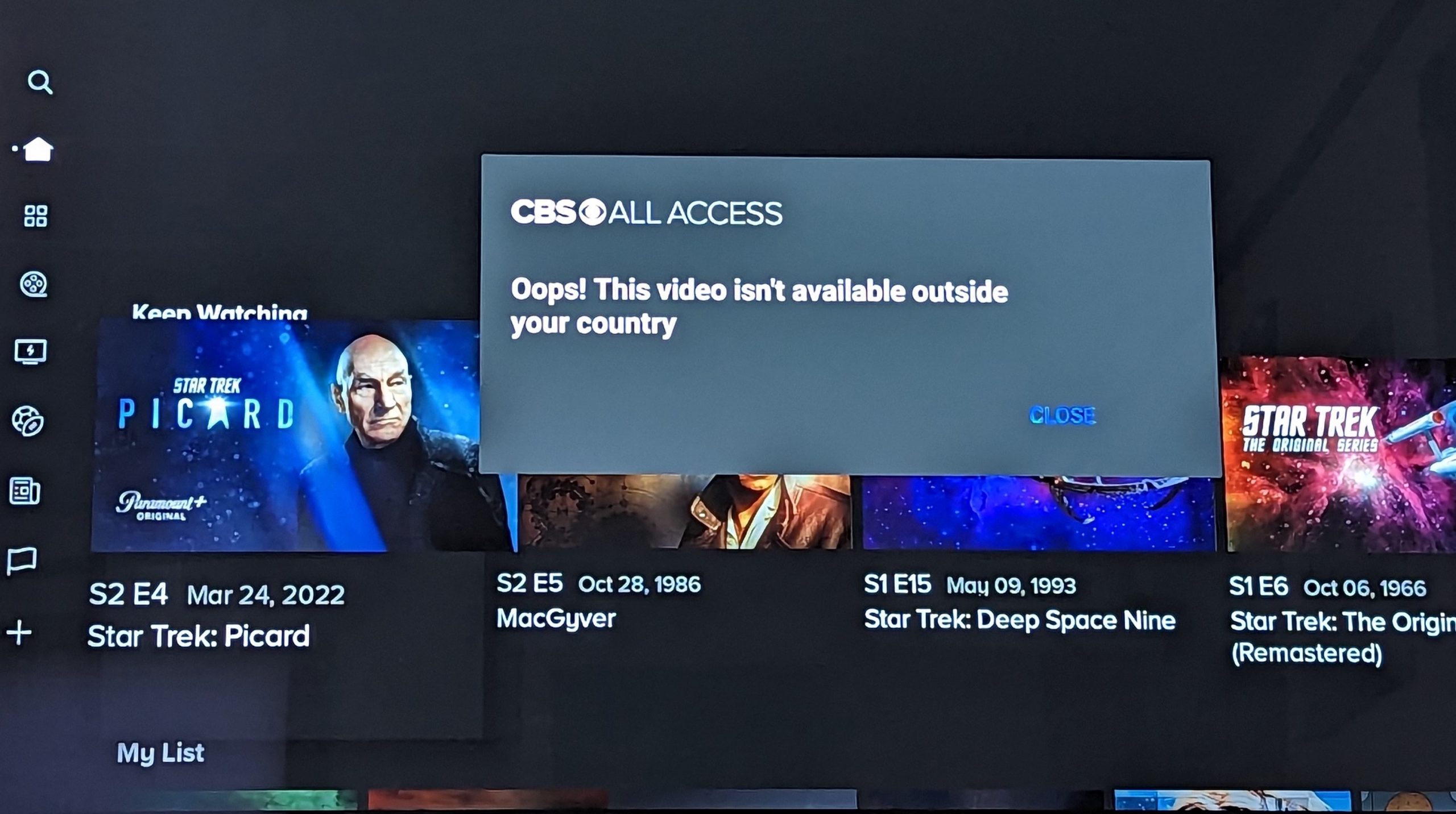 Paramount Plus error showing CBS All Access code